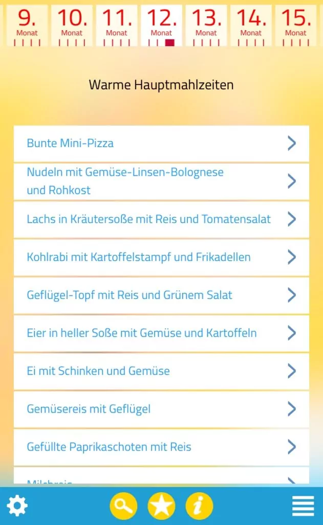 Menü-Unterpunkte der App Kind & Essen mit Rezepten
