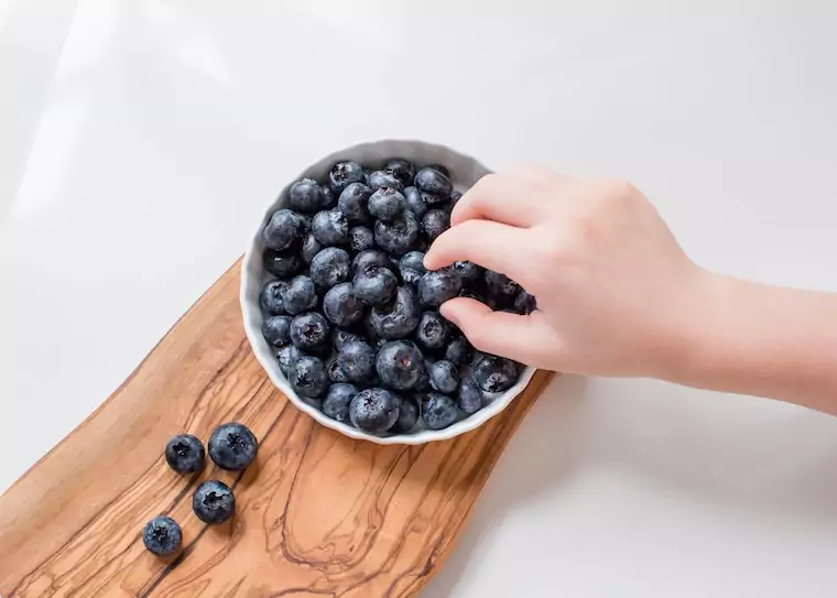 Kinderhand nimmt Heidelbeeren aus einer Schüssel