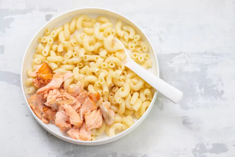 Gekochter Lachs und Nudeln auf einem Teller für Kinder.